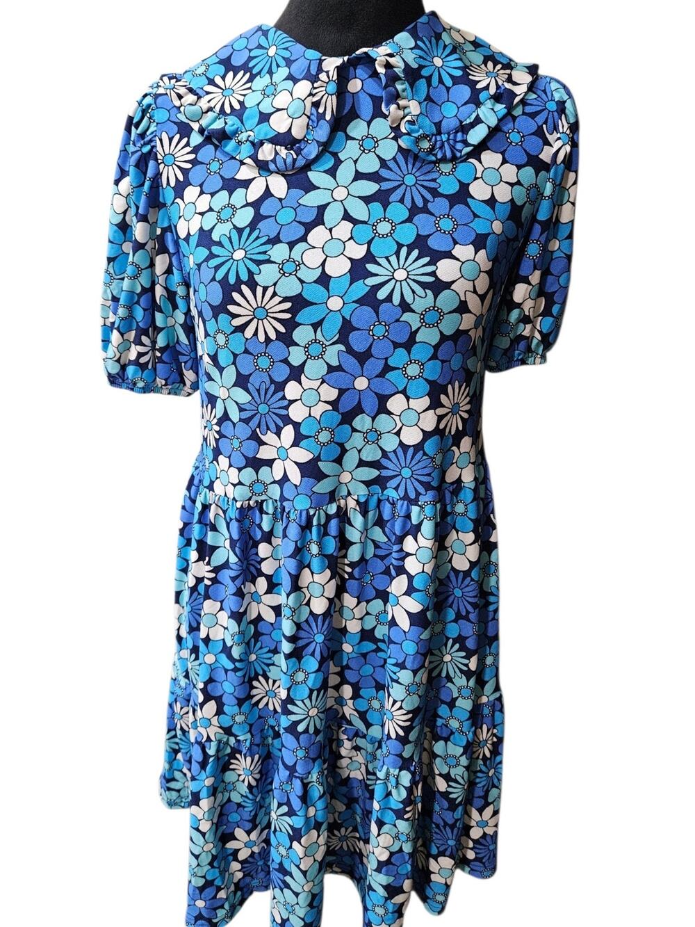 NWT OED London Blue Floral Peter Pan Collar Tiered Smock Mini Dress UK 8 US 4